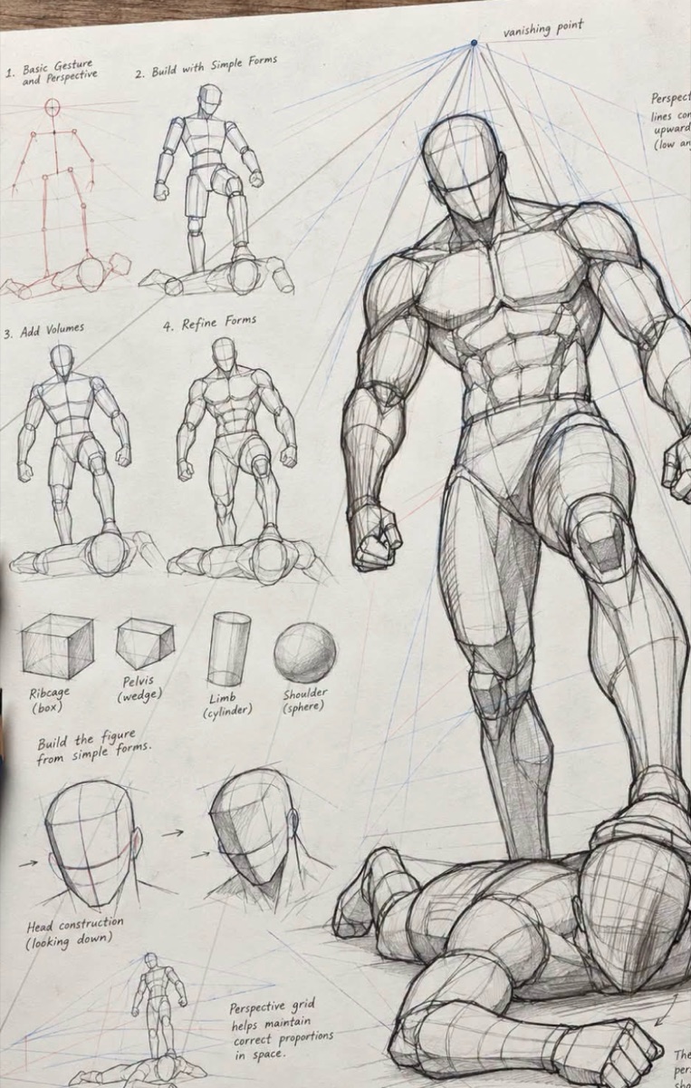 Anatomische schetsen: opbouw van een figuur in perspectief en constructie van een hoofd